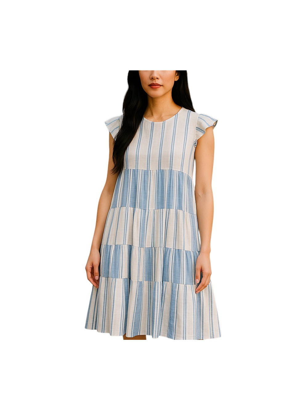 MARGAUX RIVIERA L Midi Stripe Tiered Cotton Dress Pockets Relaxed Blue White